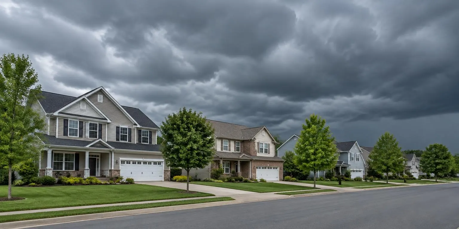 Illustration of a U.S. neighborhood beneath approaching storm clouds